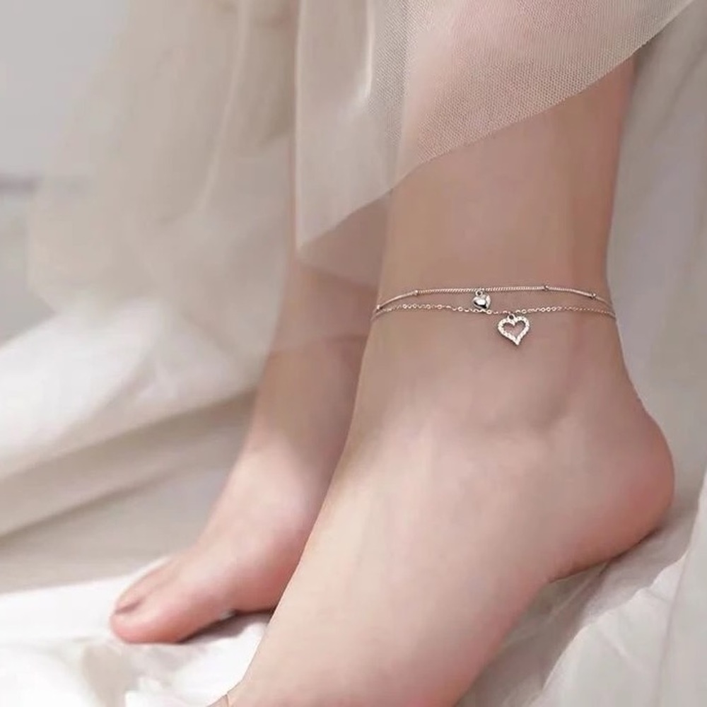 New Sterling Silver 925 Layered Heart Ankle Bracelet